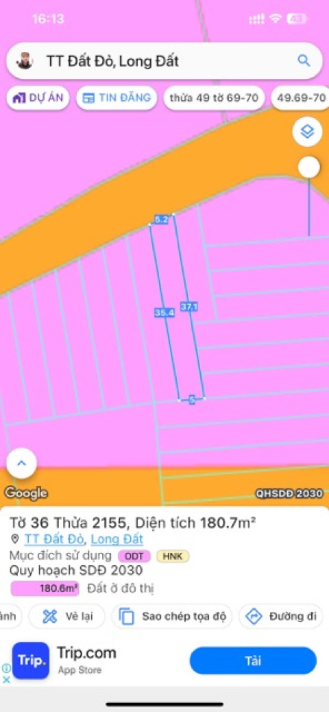 Đất nền xã Đất Đỏ - Diện tích 180m2 đường CMT 8 có sẵn thổ cư